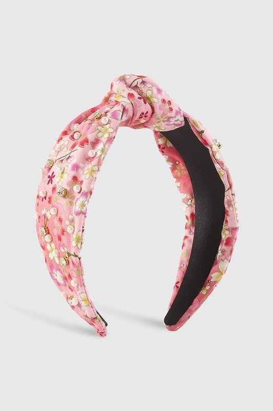 Cherry Blossom Pearl Rhinestone Knotted Headband - Amyliz Collections