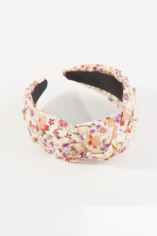 Cherry Blossom Pearl Rhinestone Knotted Headband - Amyliz Collections