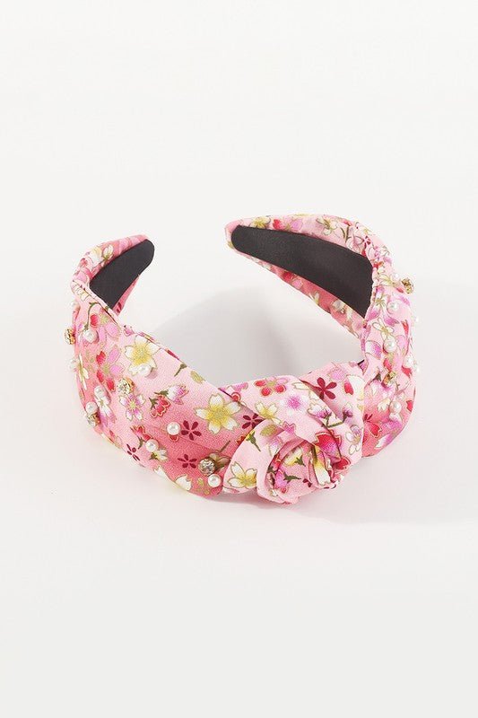Cherry Blossom Pearl Rhinestone Knotted Headband - Amyliz Collections