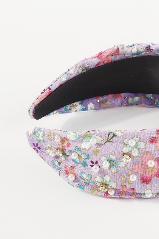 Cherry Blossom Pearl Rhinestone Knotted Headband - Amyliz Collections