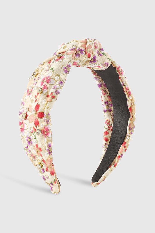 Cherry Blossom Pearl Rhinestone Knotted Headband - Amyliz Collections