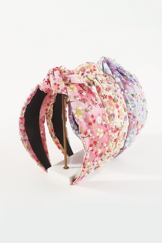 Cherry Blossom Pearl Rhinestone Knotted Headband - Amyliz Collections