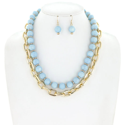 2 Layer Large Beaded & Chain Link Necklace Set - Amyliz Collections