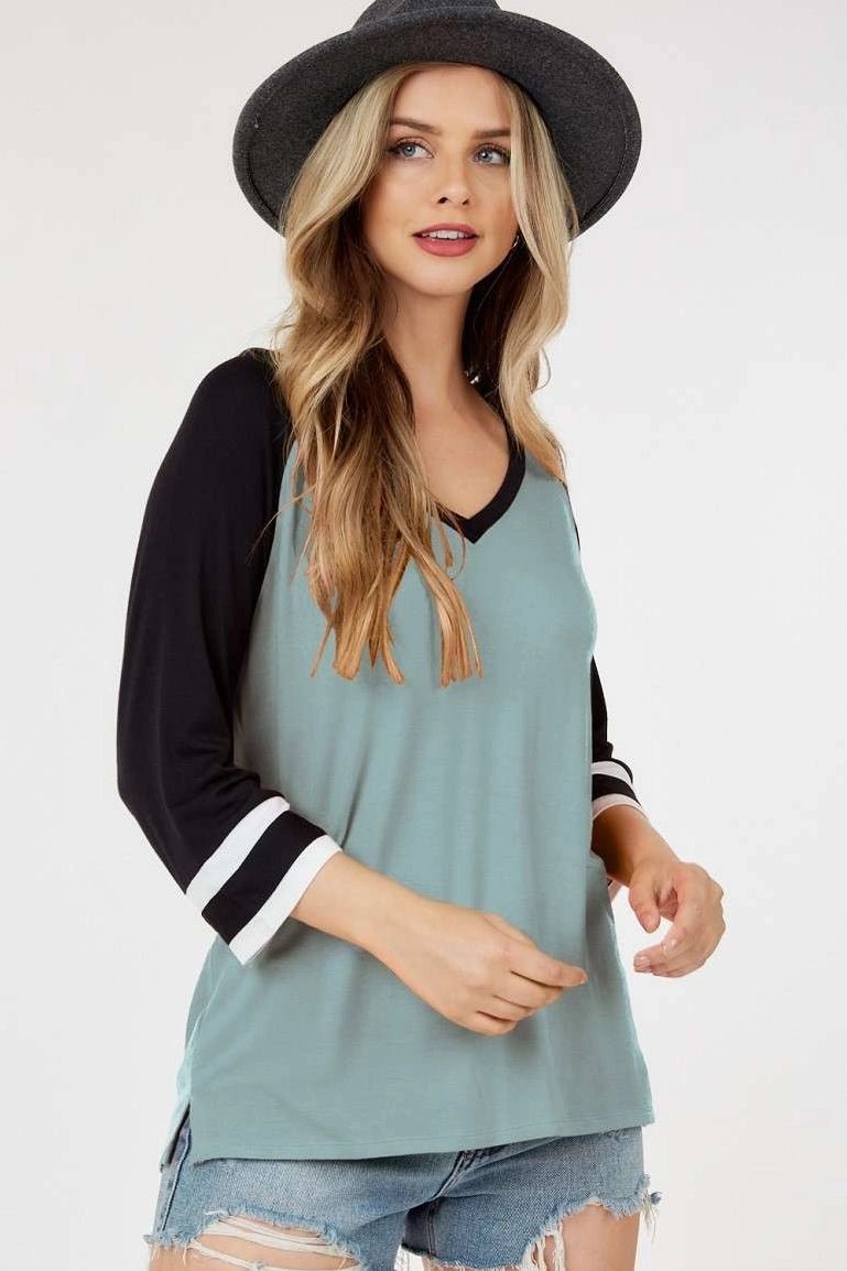 3/4 V Neck Top with Striped Arms: Olive - Amyliz Collections