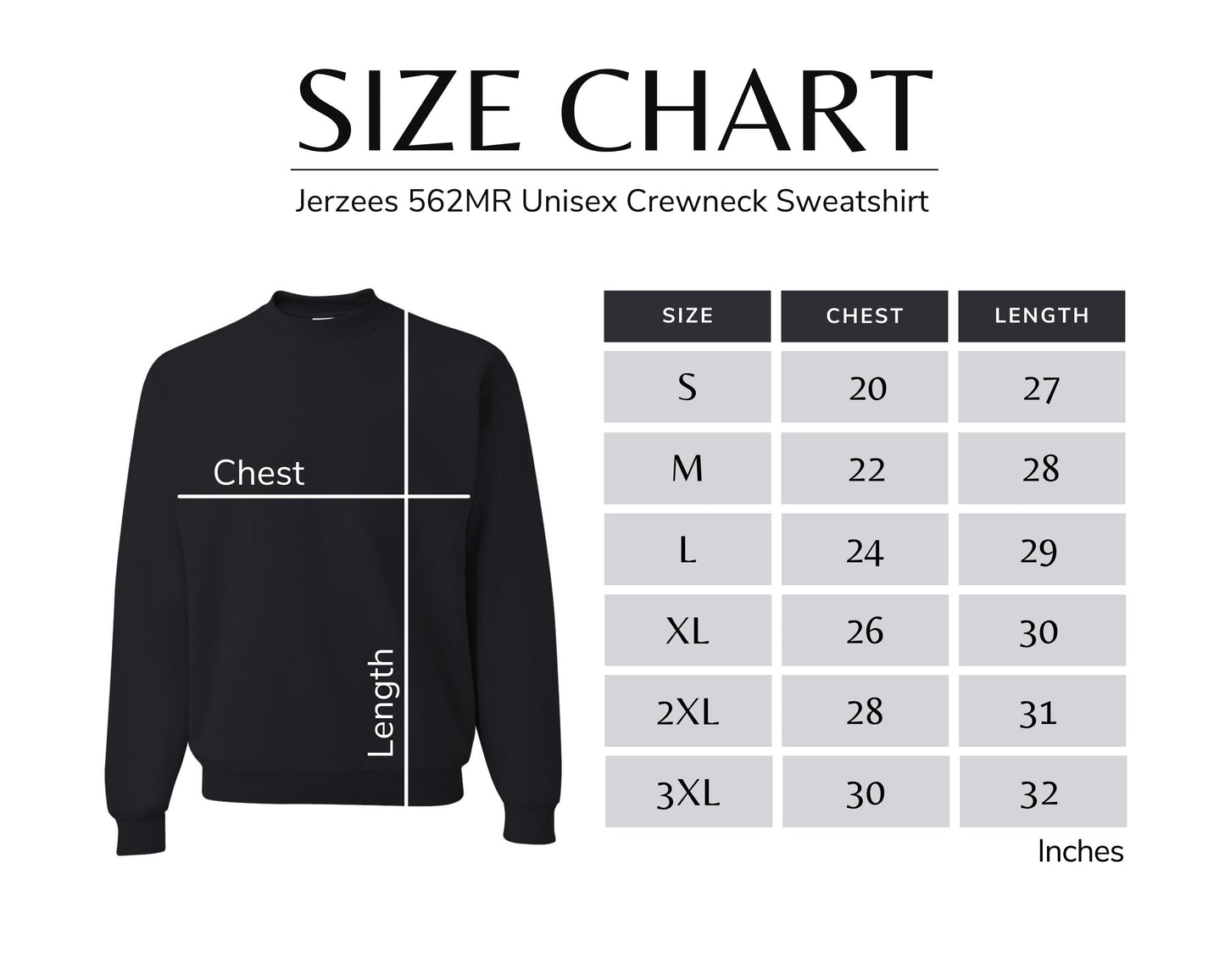 Size chart for Jerzees 562MR Unisex Crewneck Sweatshirt with a black sweatshirt on a white background.