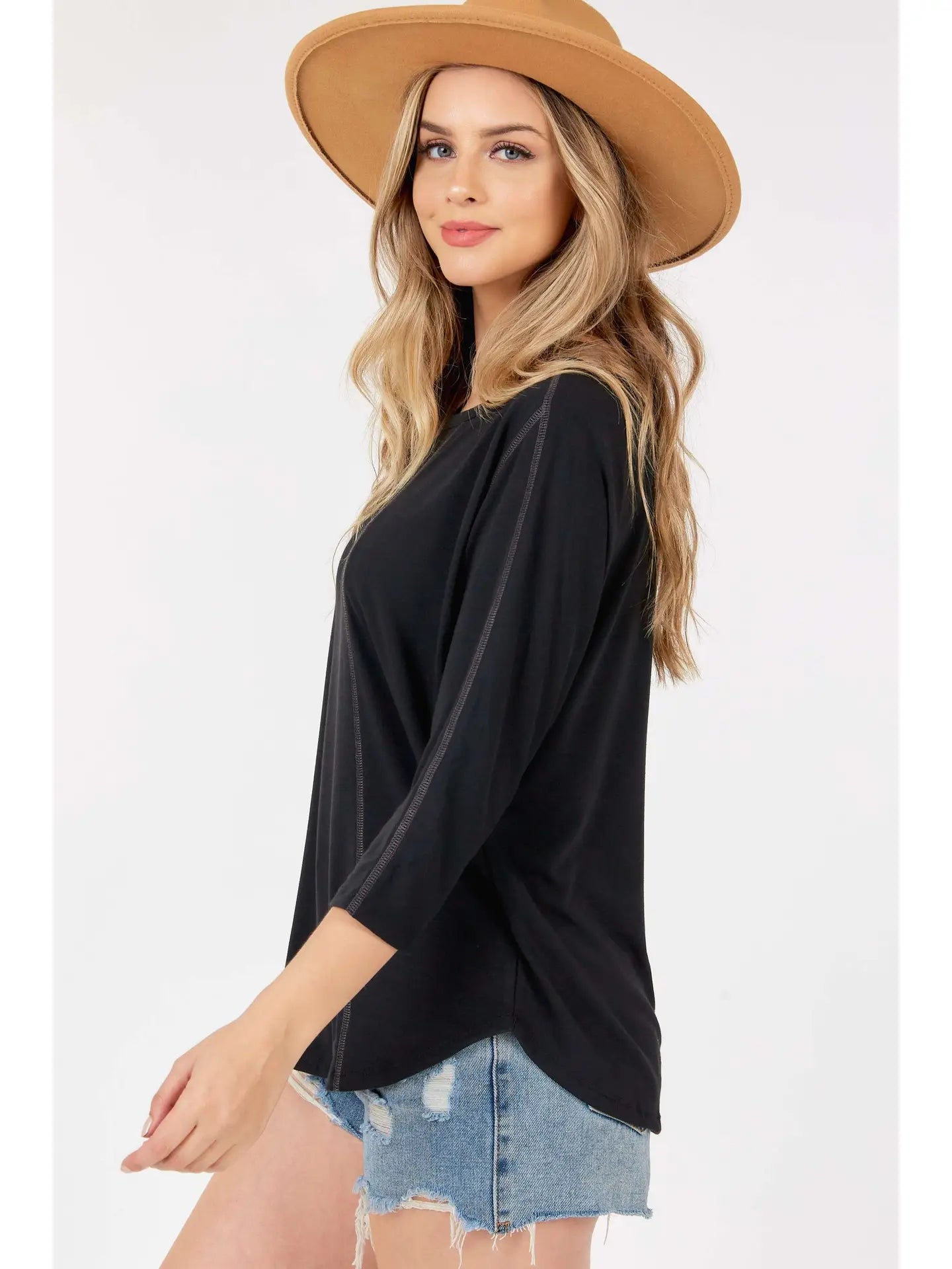 3/4 Sleeve Round Neck Top: Black - Amyliz Collections