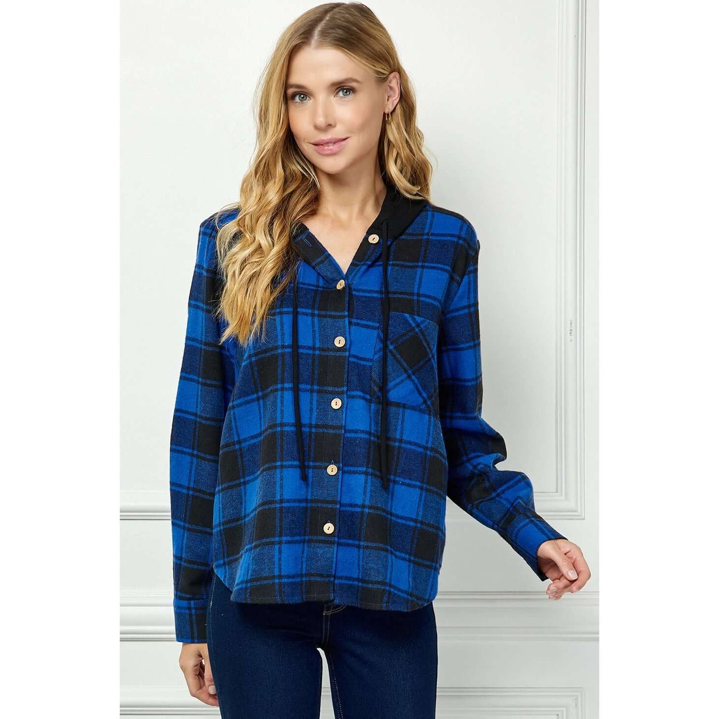 Button - Down Long Sleeve Hoodies Plaid Shacket - Amyliz Collections