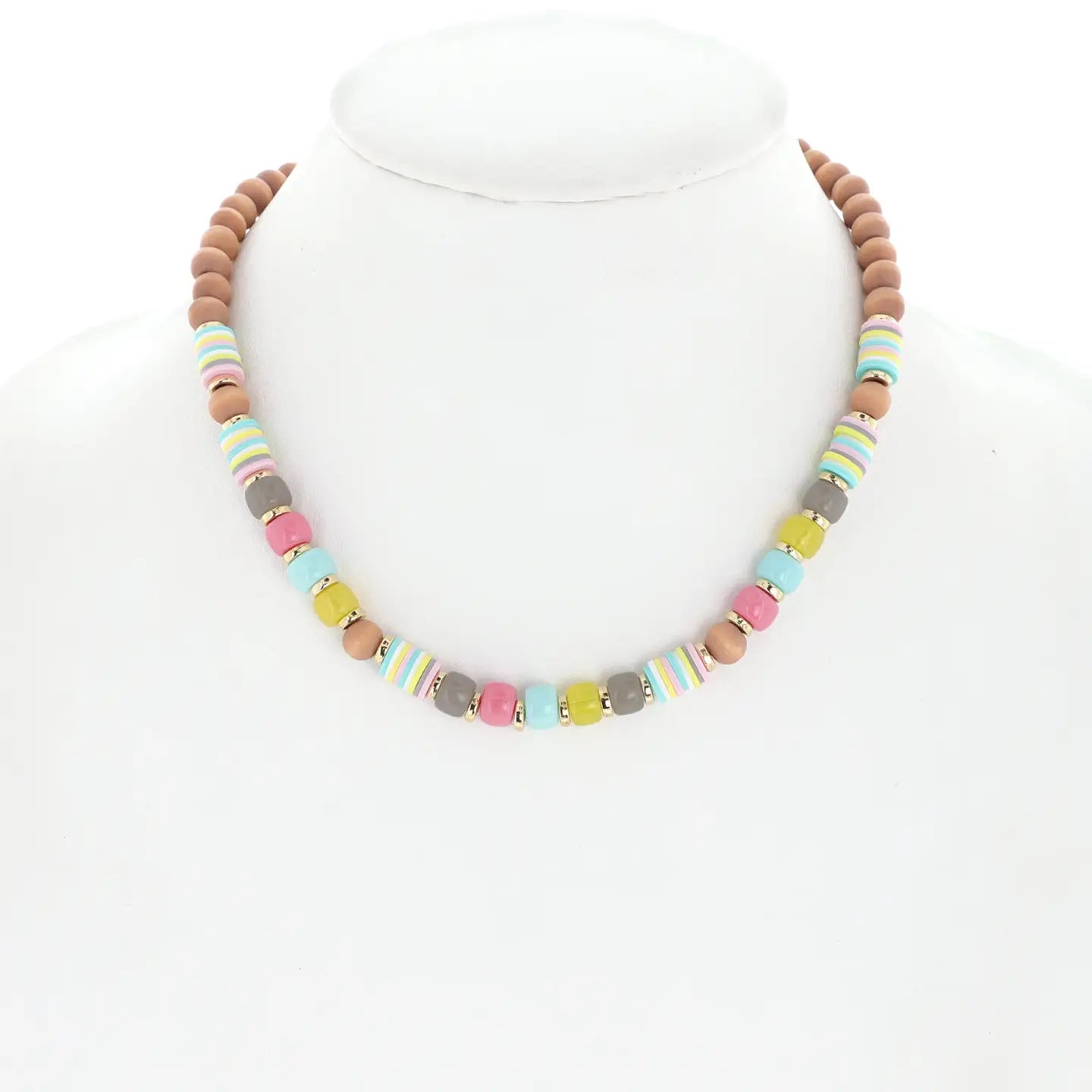 Colorful beaded necklace with a mix of pastel wood, striped heishi, and metallic spacer beads displayed on a white mannequin bust.