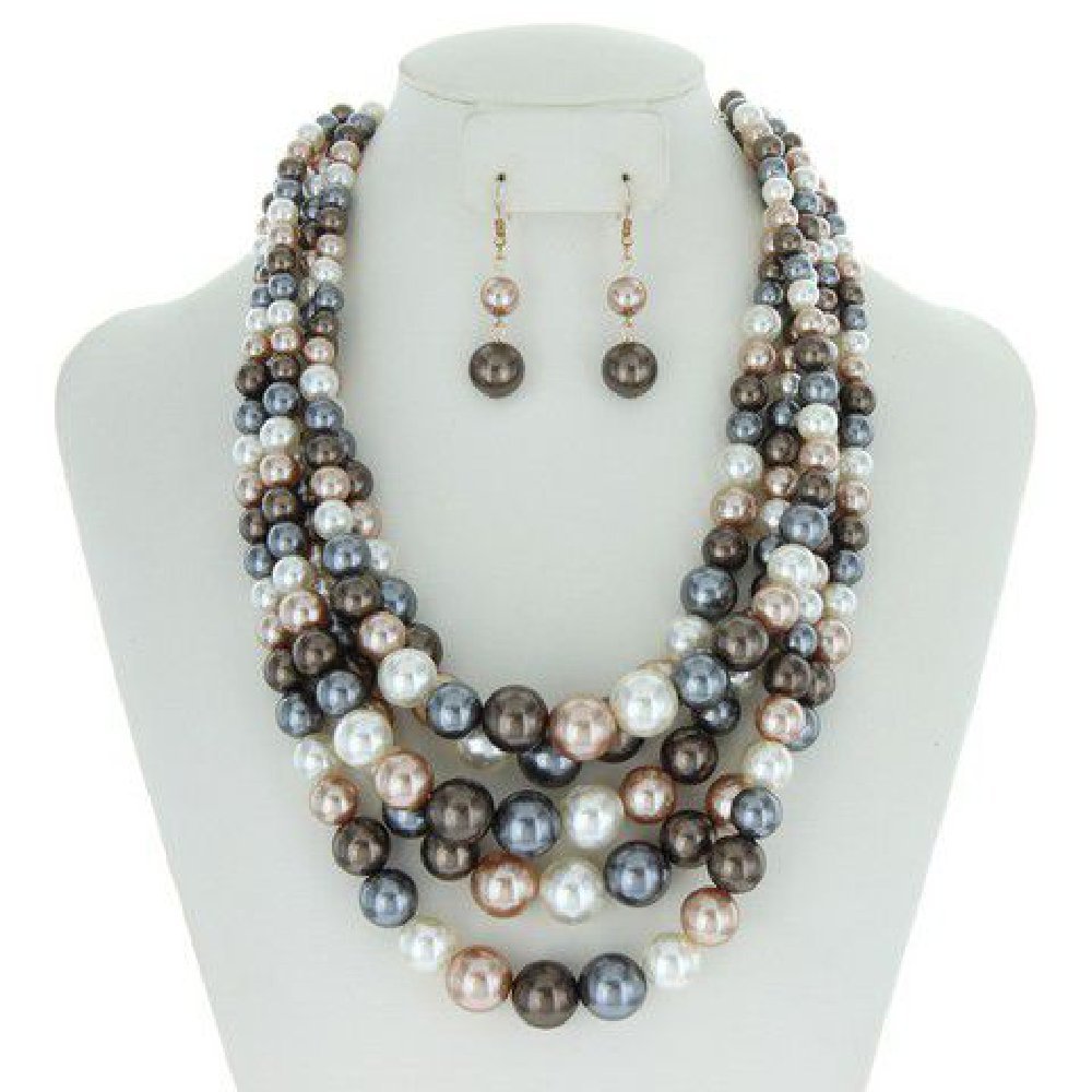 Chunky 5 Strand Pearl Necklace & Earring Set - Amyliz Collections