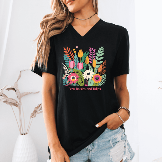Ferns Daisies Tulips V - Neck - Amyliz Collections