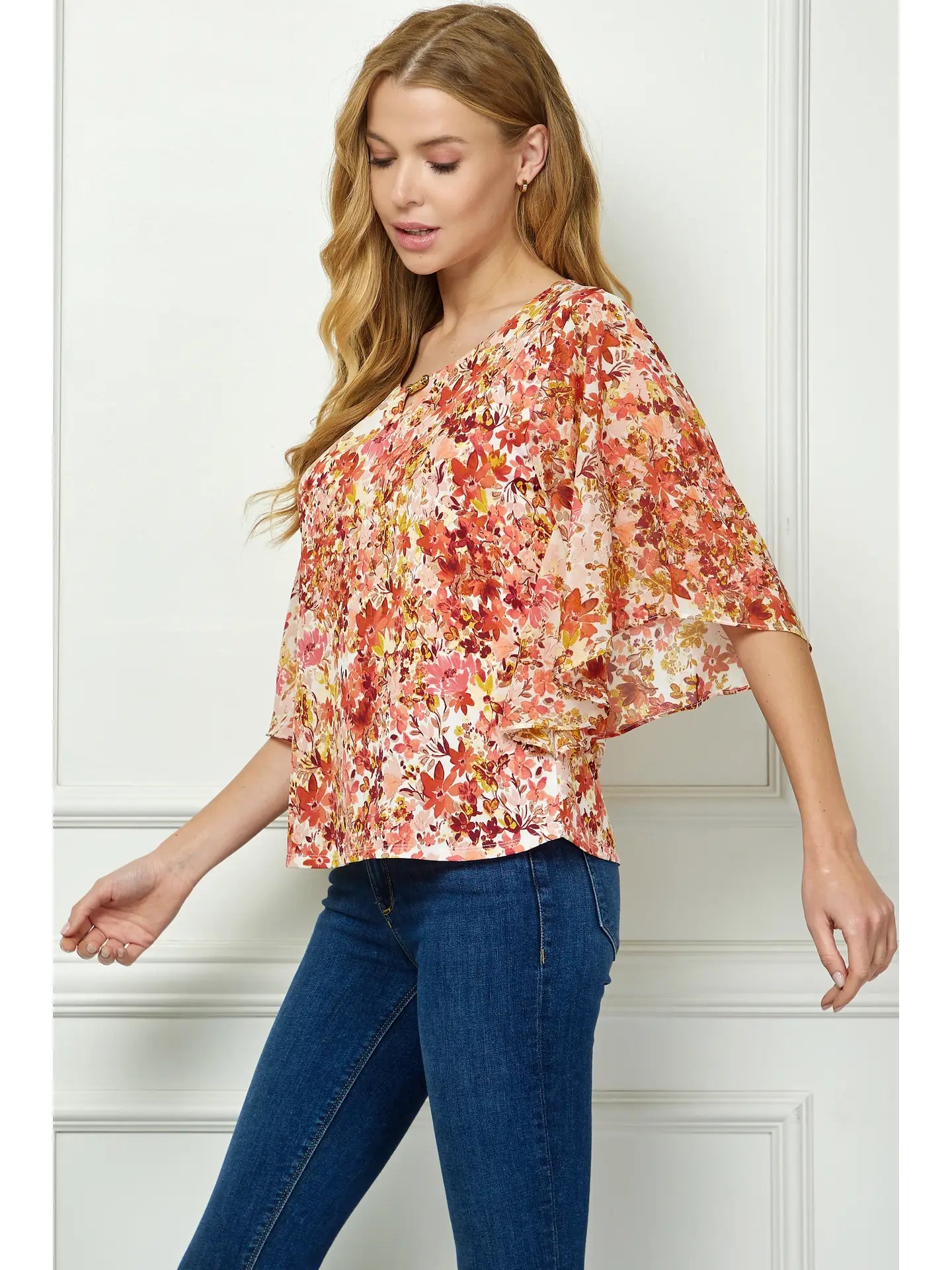 Floral Printed 3/4 Bat Wing Sleeve Blouse