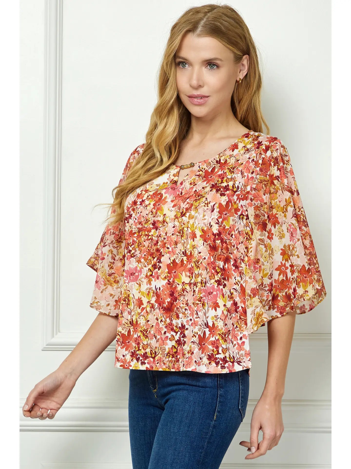 Floral Printed 3/4 Bat Wing Sleeve Blouse