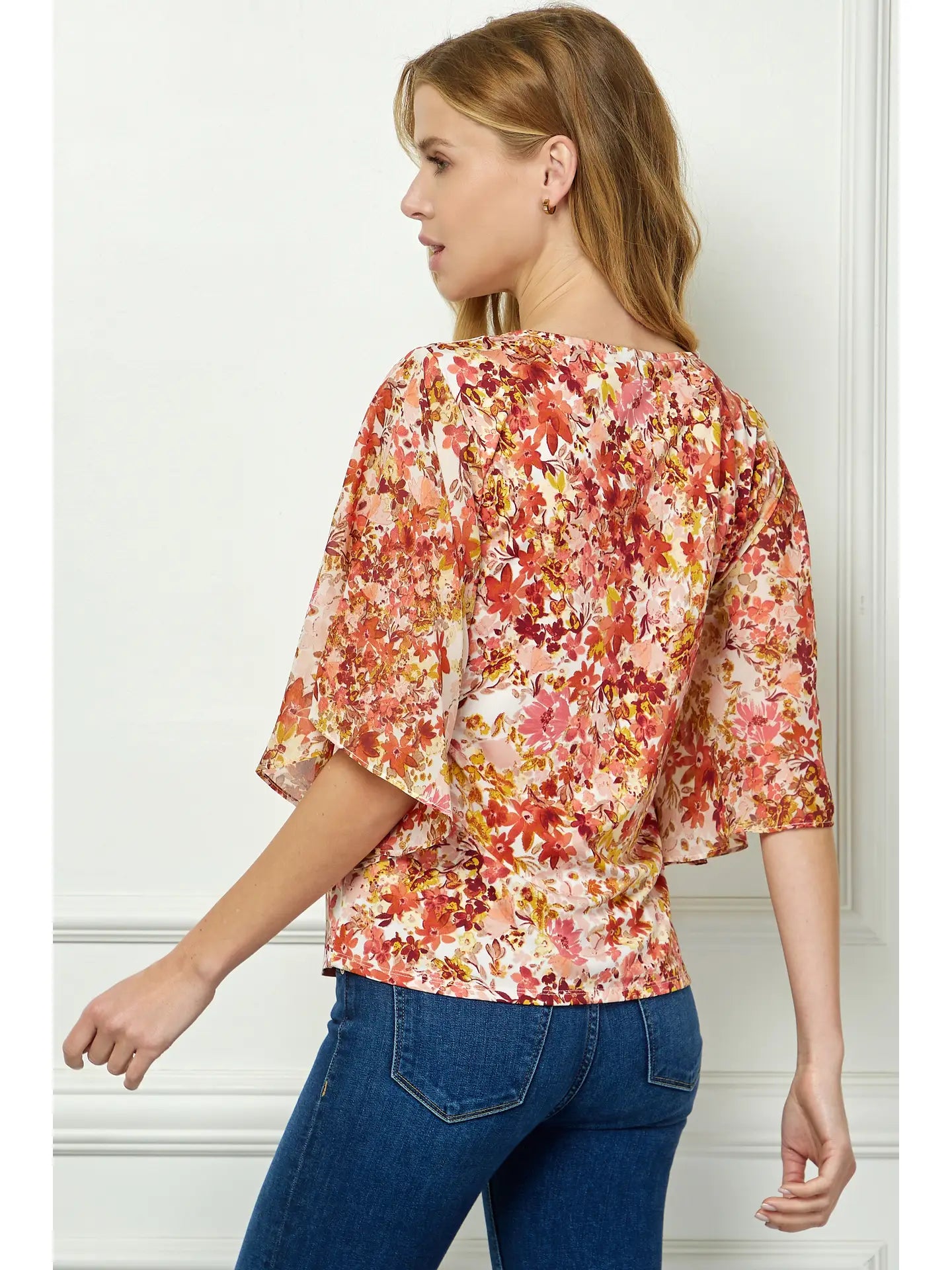 Floral Printed 3/4 Bat Wing Sleeve Blouse