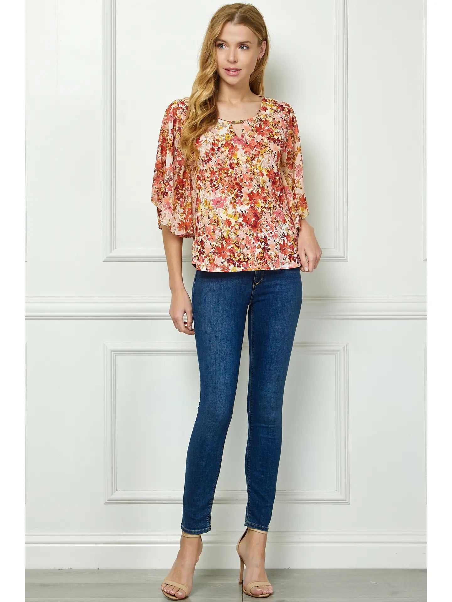 Floral Printed 3/4 Bat Wing Sleeve Blouse