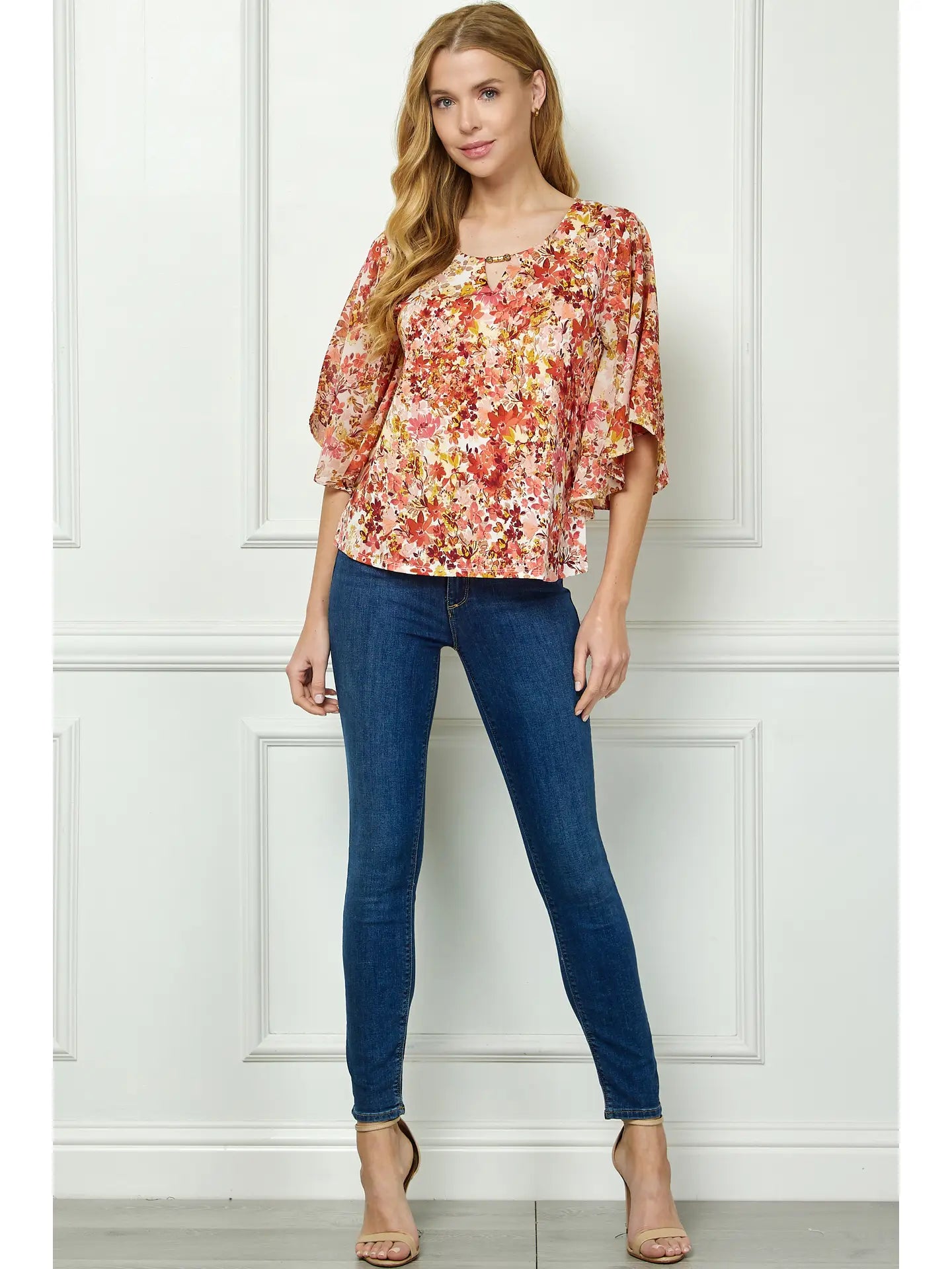 Floral Printed 3/4 Bat Wing Sleeve Blouse