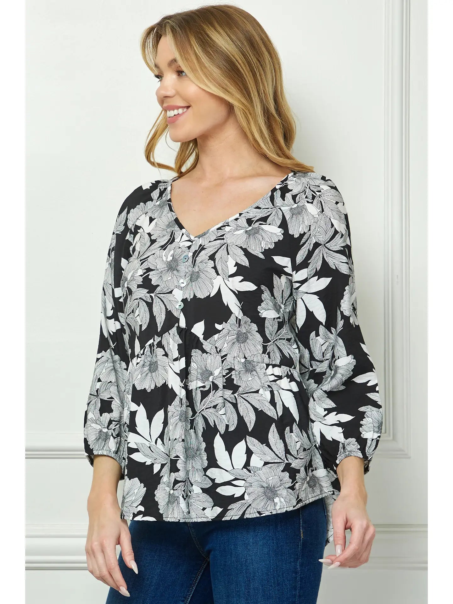 Plus Floral 3/4 Elastic Sleeve V - Neck Blouse - Amyliz Collections