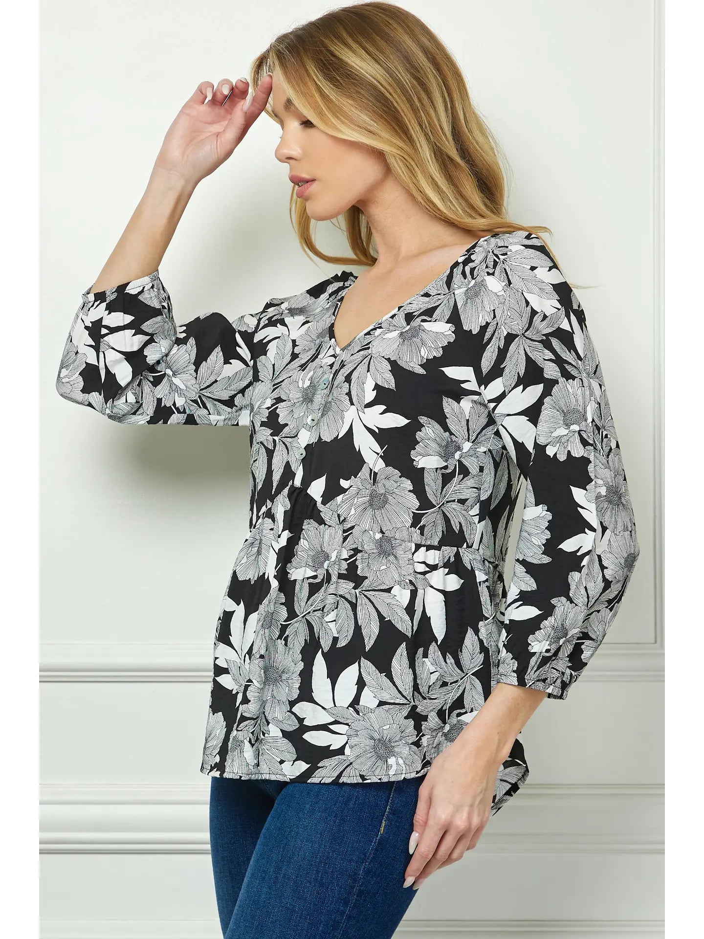 Plus Floral 3/4 Elastic Sleeve V - Neck Blouse - Amyliz Collections
