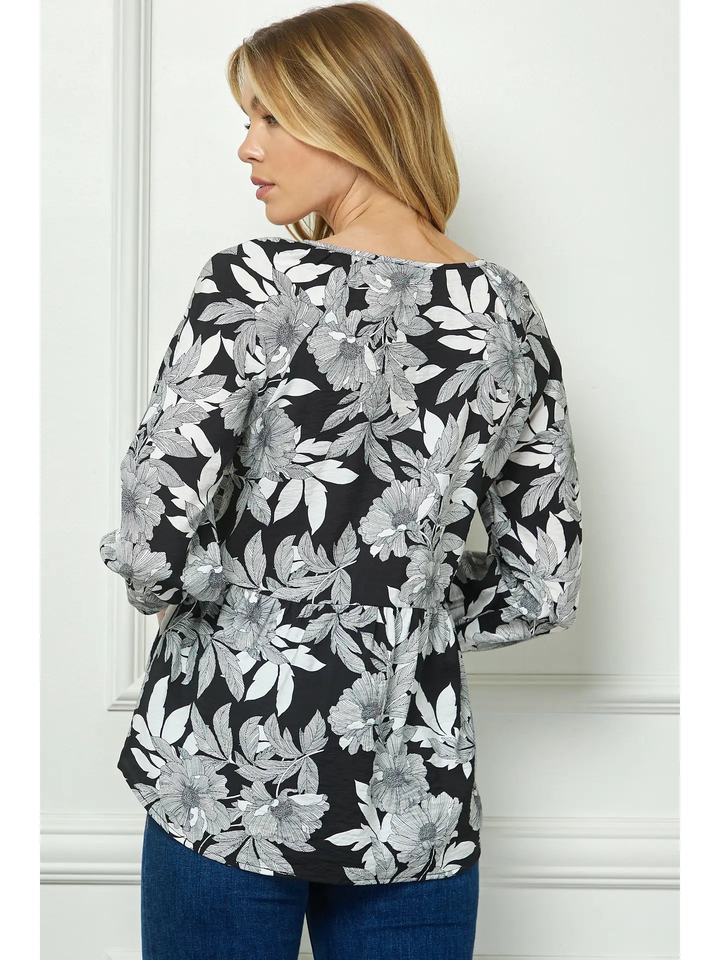 Plus Floral 3/4 Elastic Sleeve V - Neck Blouse - Amyliz Collections