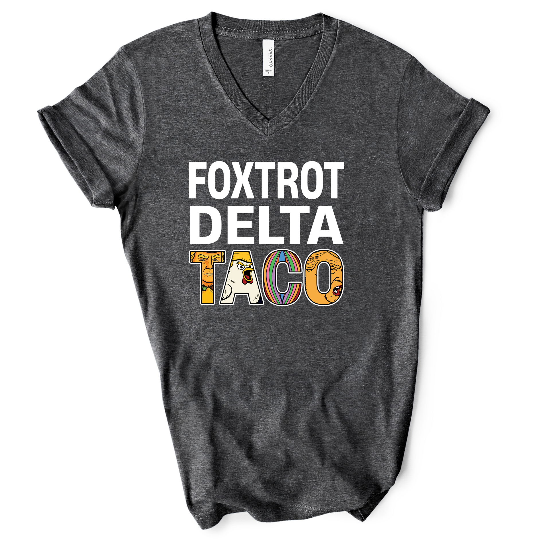 Charcoal gray v-neck t-shirt with bold white text that reads "Foxtrot Delta TACO," featuring colorful illustrated letters on the word "TACO."