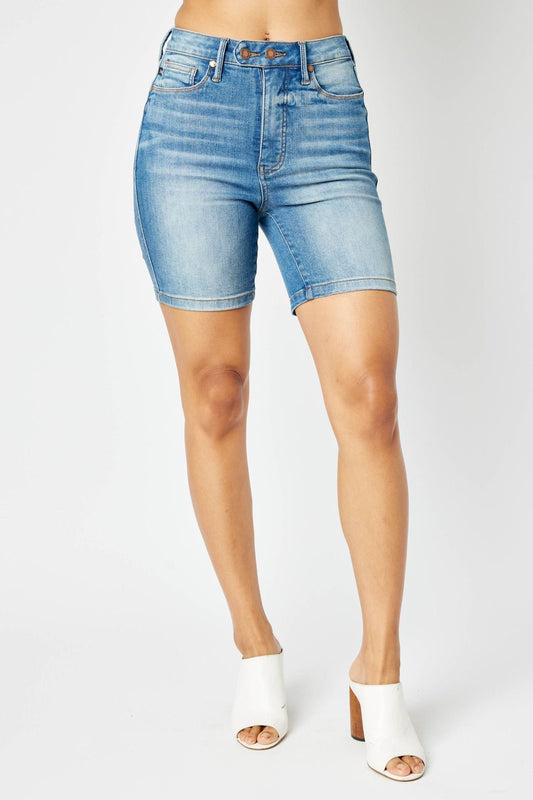 High Waist Tummy Control Denim Bermuda Shorts - Amyliz Collections