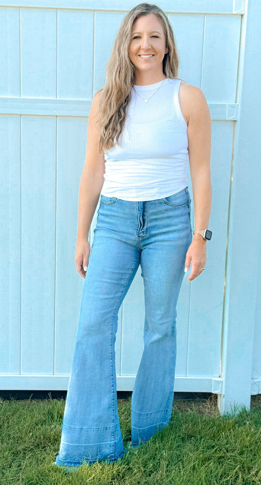 High Waist Contrast Tummy Control Release Hem Flare Denim - Amyliz Collections