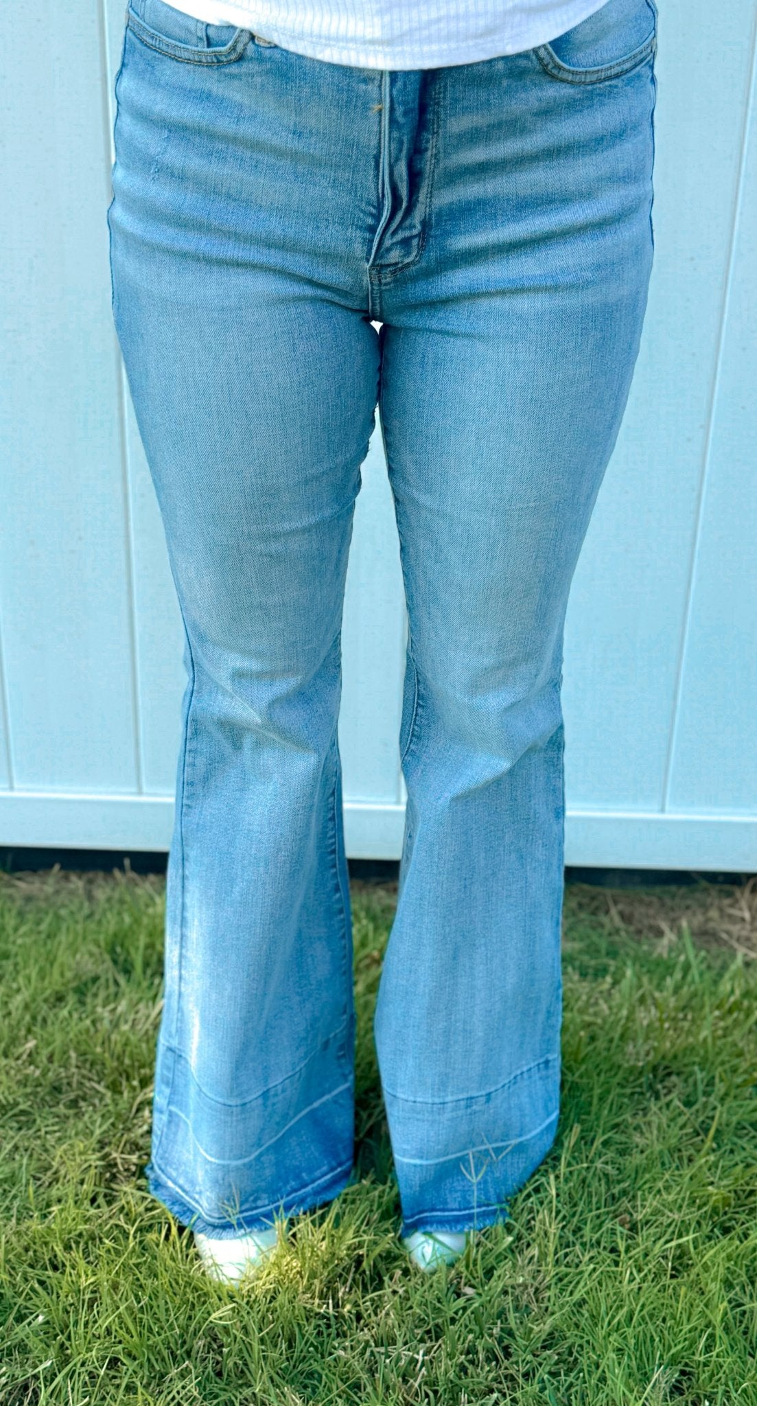 High Waist Contrast Tummy Control Release Hem Flare Denim - Amyliz Collections