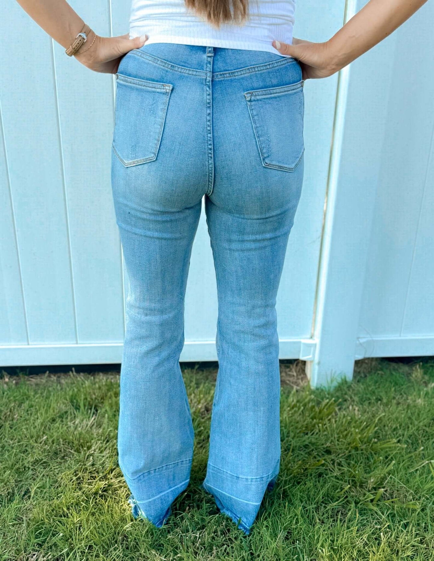 High Waist Contrast Tummy Control Release Hem Flare Denim - Amyliz Collections