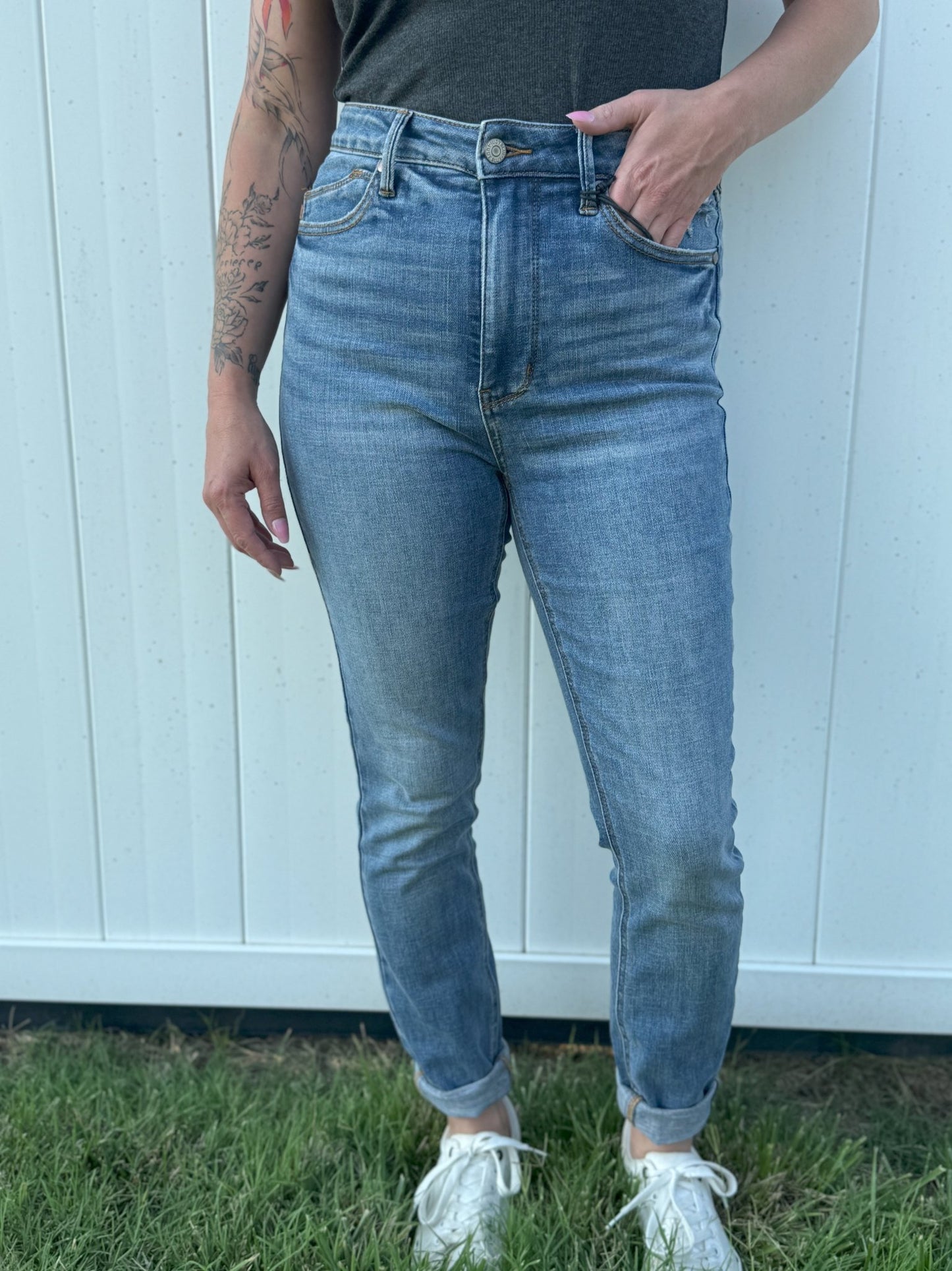 High Waist Tummy Control Vintage Shield Skinny Denim - Amyliz Collections