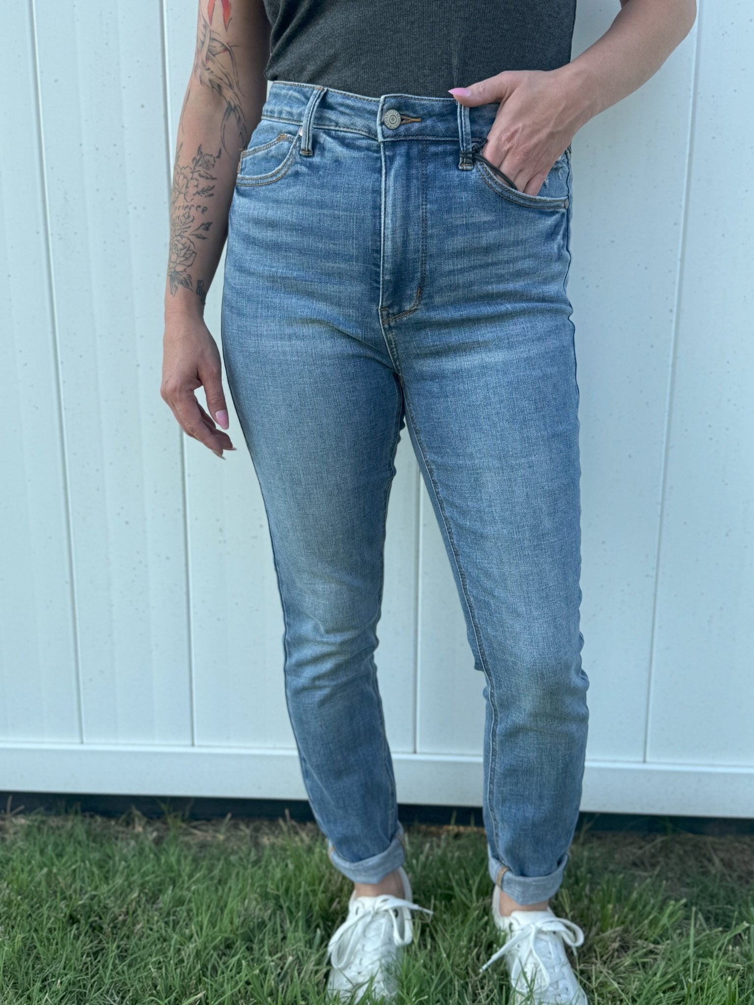 High Waist Tummy Control Vintage Shield Skinny Denim - Amyliz Collections