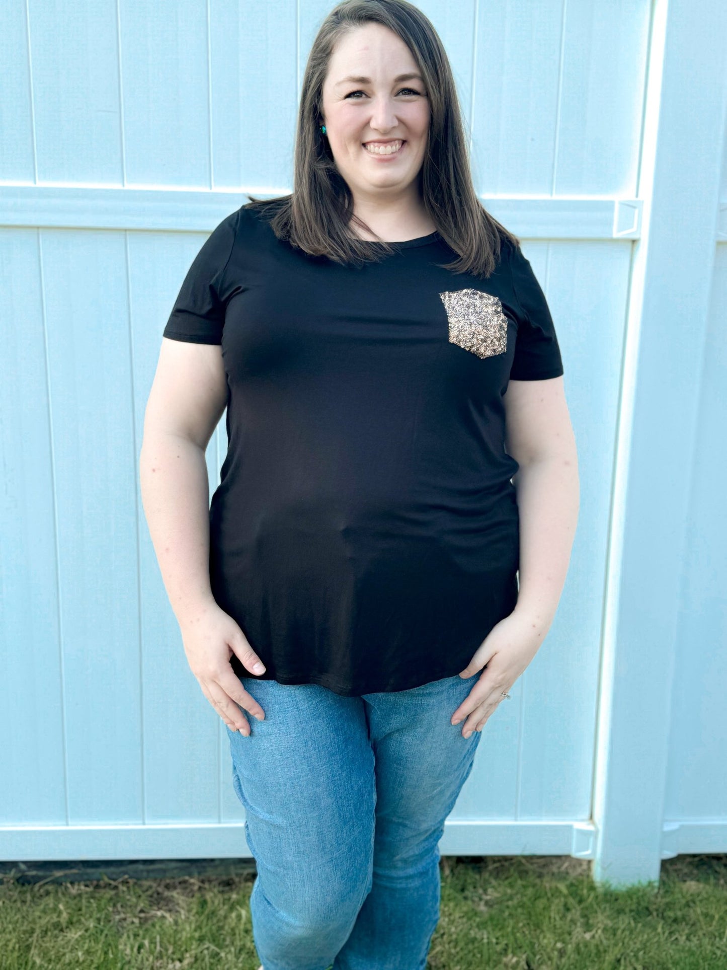 Plus Top with Gold Sequins Pocket - Amyliz Collections