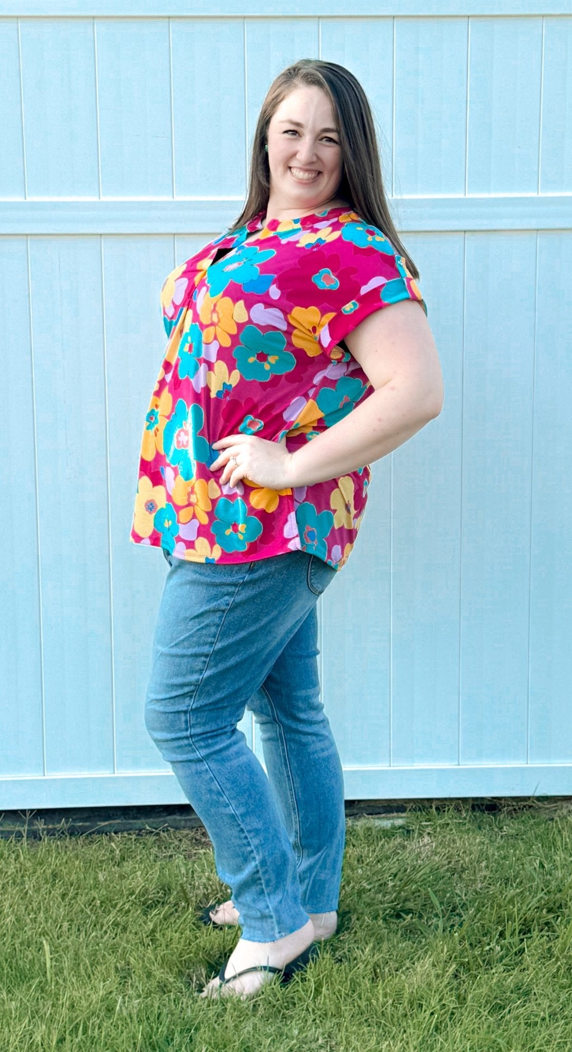 Plus Size Lizzy Dolman Short Sleeve - Coral Multi - Amyliz Collections