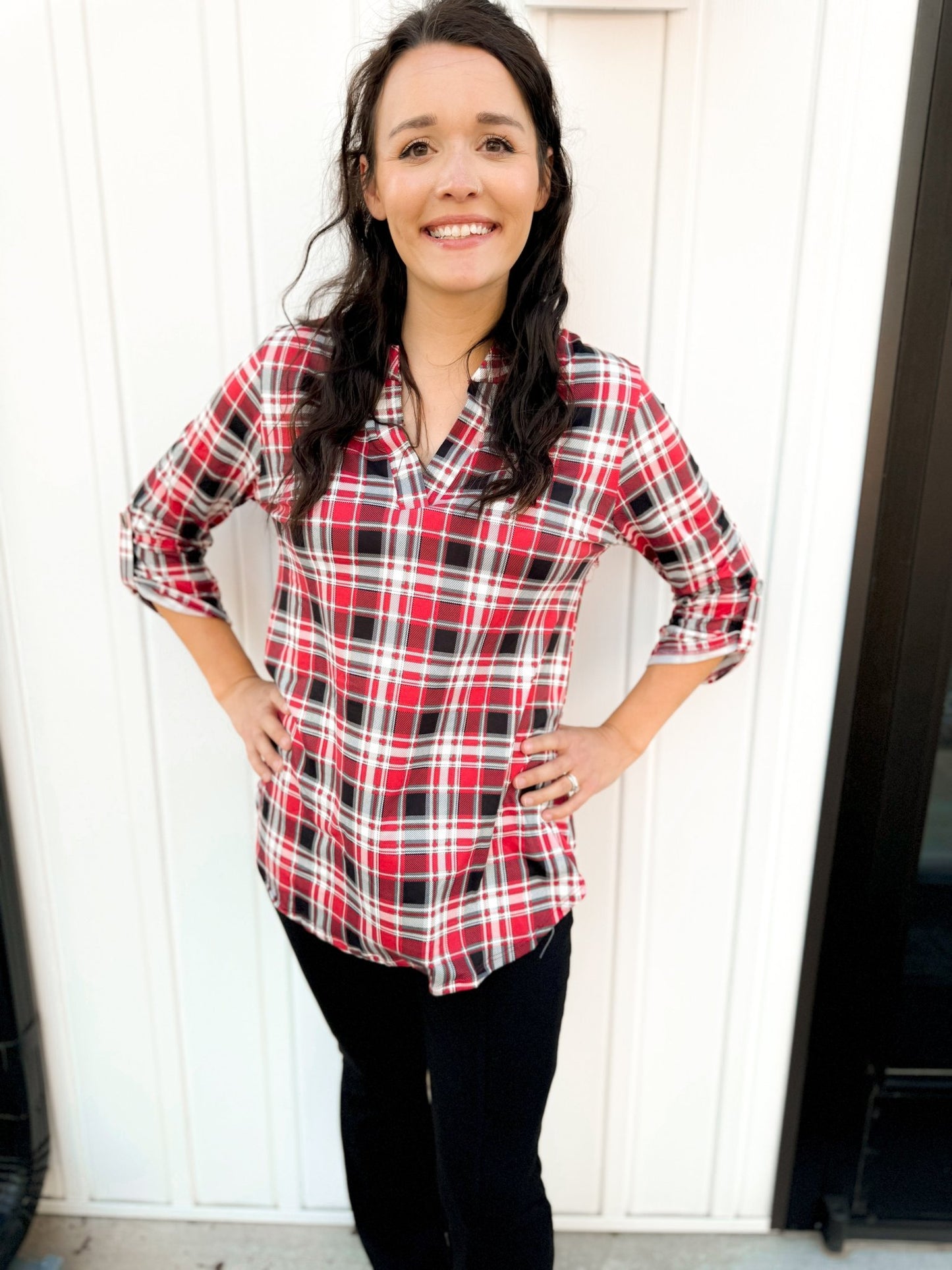 Half Sleeve Plaid Print Knit Top - Amyliz Collections