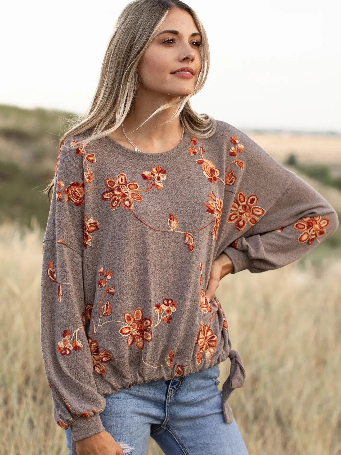 Long Sleeve Embroidered Floral Jersey Sweatshirt - Amyliz Collections