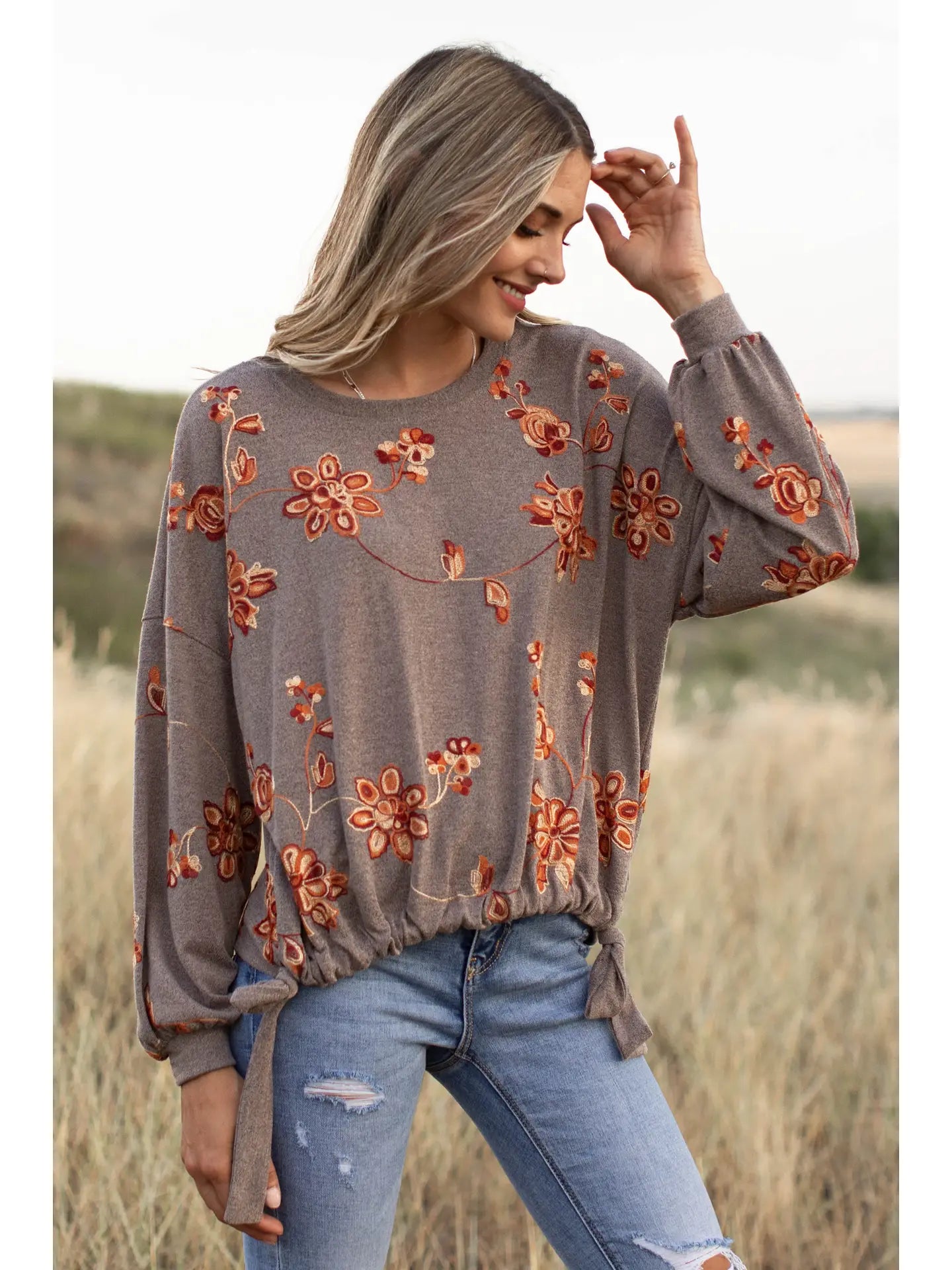 Long Sleeve Embroidered Floral Jersey Sweatshirt
