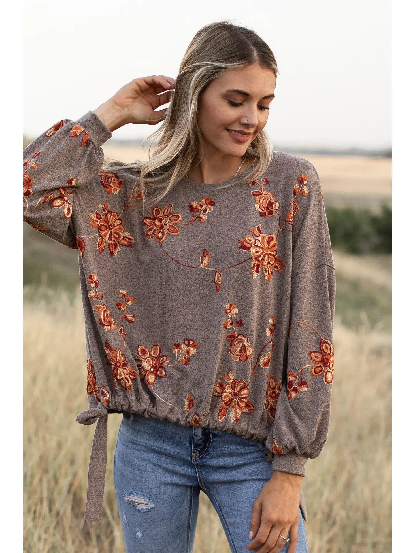 Long Sleeve Embroidered Floral Jersey Sweatshirt