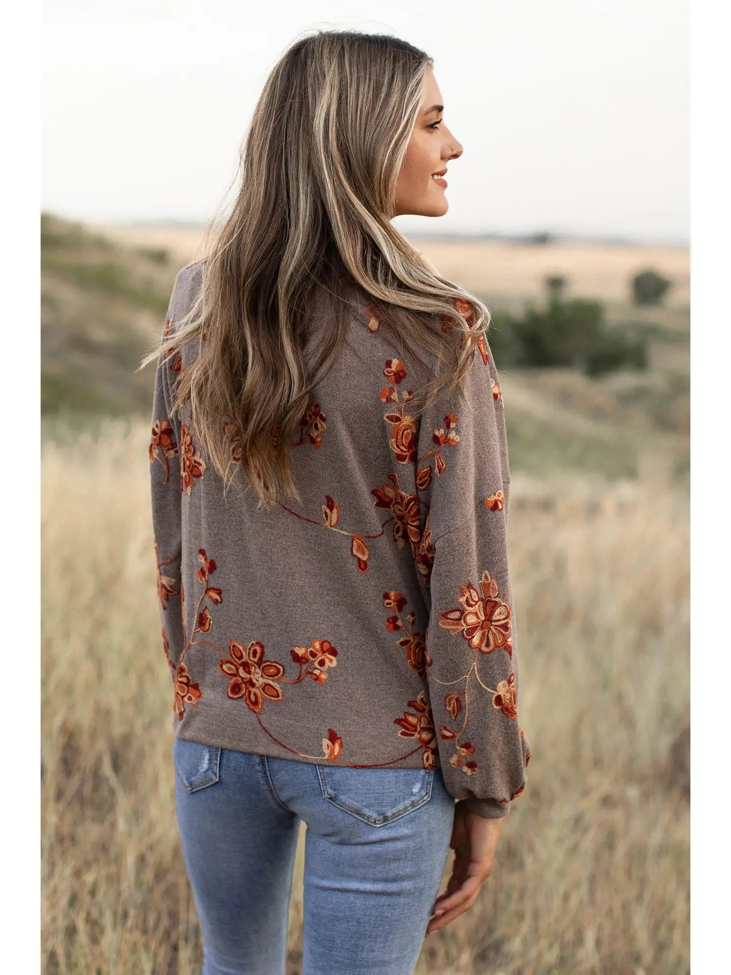 Long Sleeve Embroidered Floral Jersey Sweatshirt