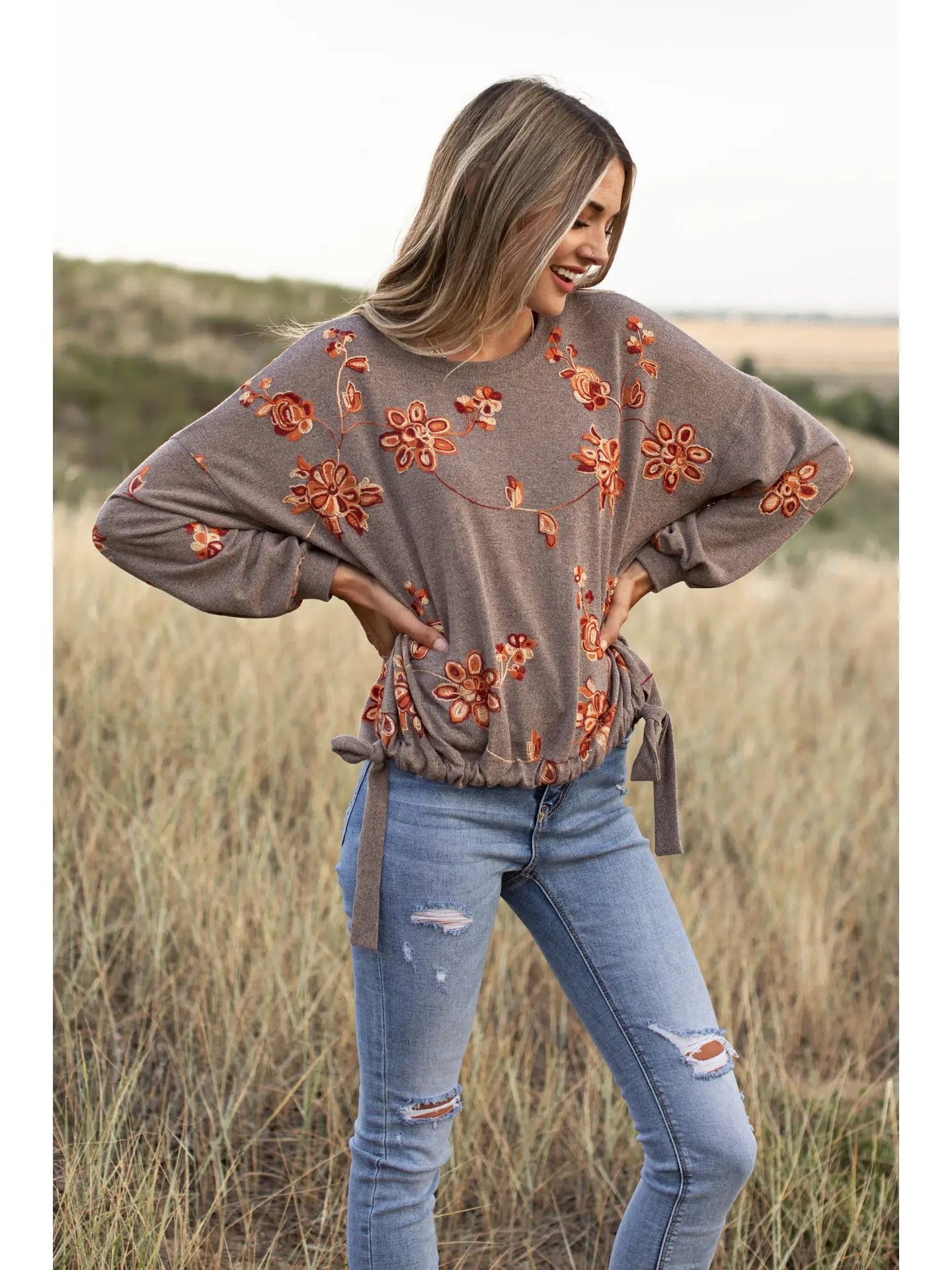 Long Sleeve Embroidered Floral Jersey Sweatshirt