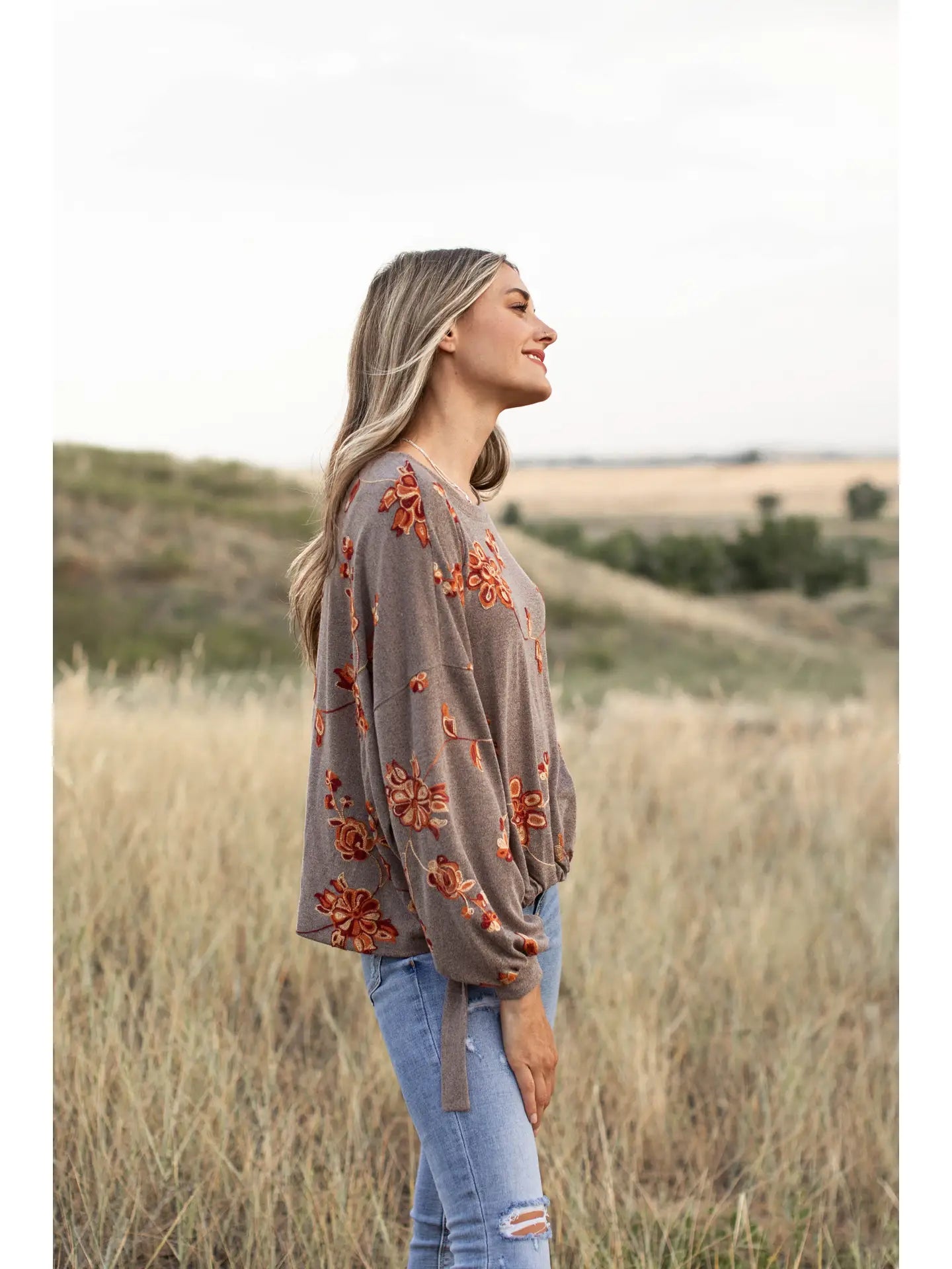 Long Sleeve Embroidered Floral Jersey Sweatshirt