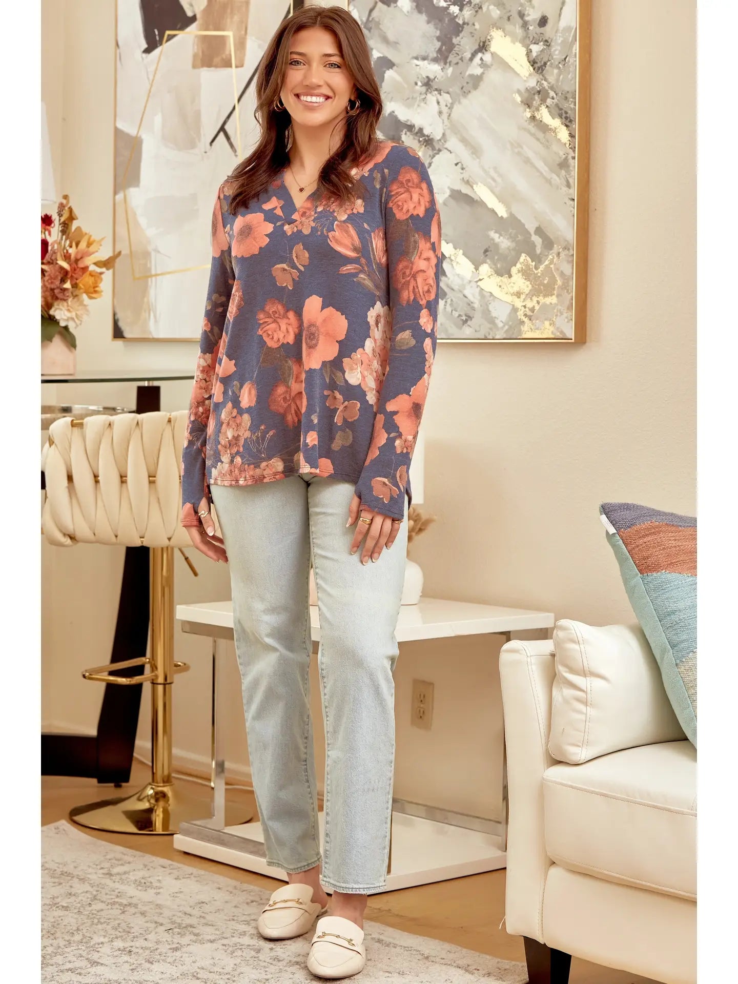 Long Sleeve Navy Floral Print Top