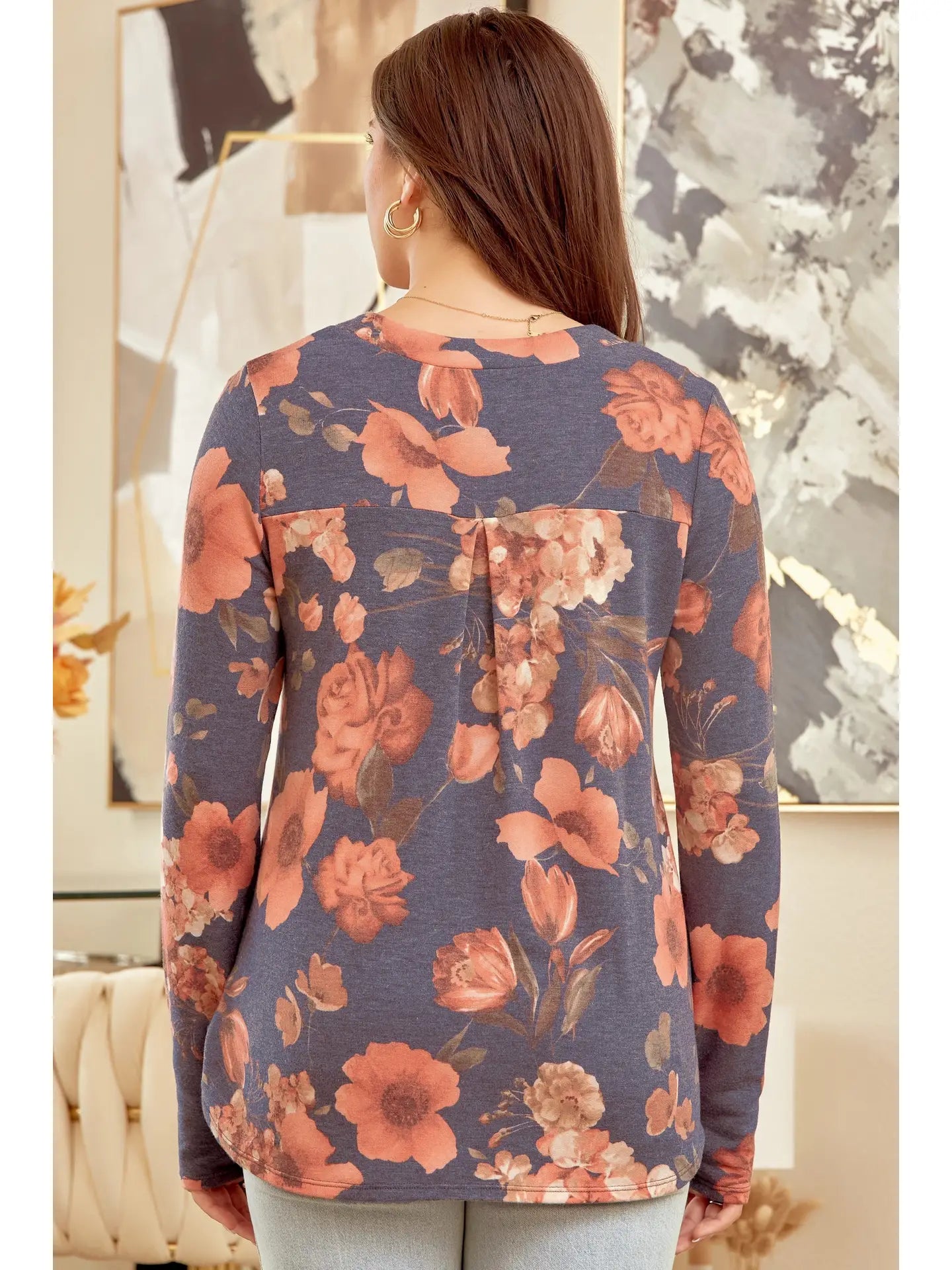 Long Sleeve Navy Floral Print Top