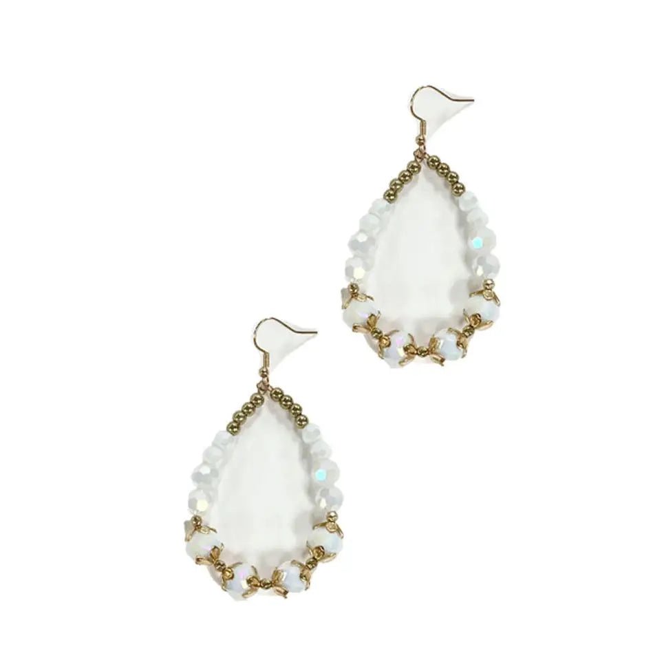 Pair of teardrop-shaped earrings featuring opalescent white beads and gold wire accents, arranged in a delicate, open hoop design. Earrings are displayed against a white background.
