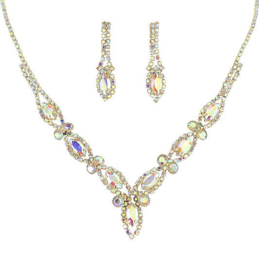 Marquise Rhinestone Crystal Cluster V - Shape Bib Necklace Set - Amyliz Collections