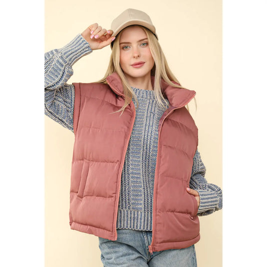 High Neck Puffer Vest Mauve - Amyliz Collections