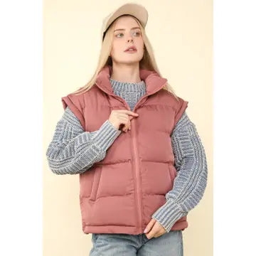 High Neck Puffer Vest Mauve