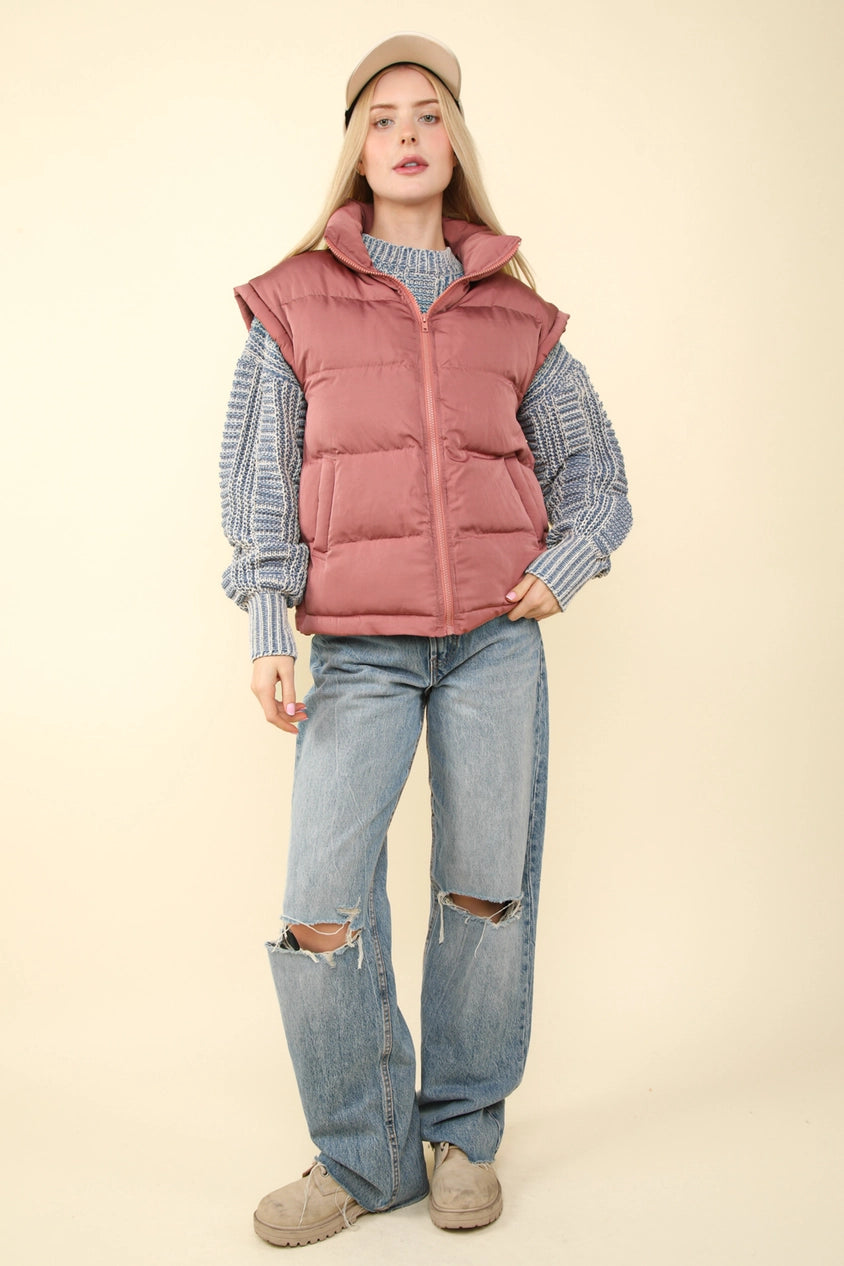 High Neck Puffer Vest Mauve