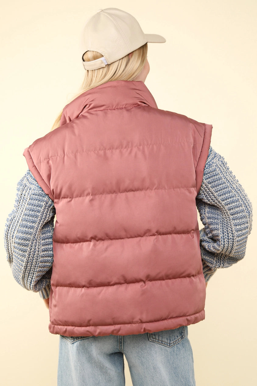 High Neck Puffer Vest Mauve