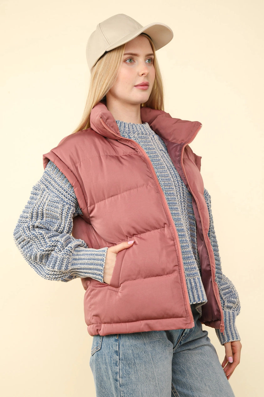 High Neck Puffer Vest Mauve