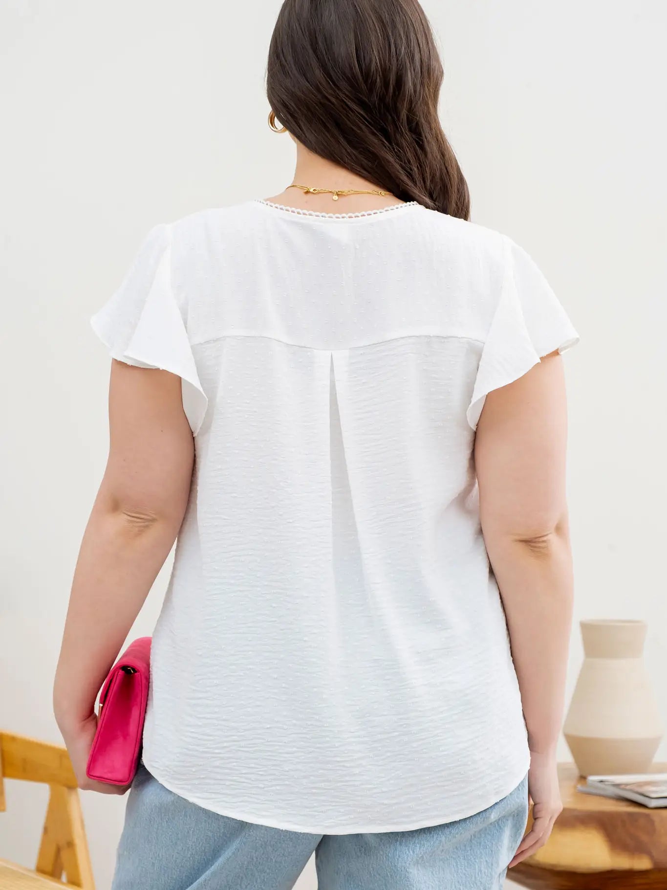 Plus Lace Edge Split Neckline Woven Top - Amyliz Collections