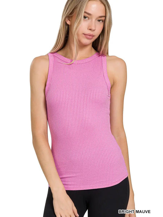 Ribbed High Neck Tank Top, Mauve - Amyliz Collections