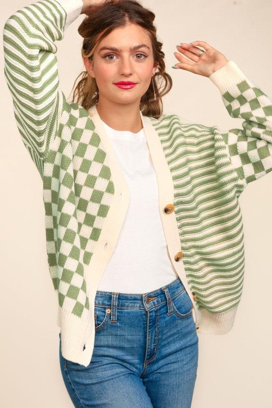 Checker Stripe Oversized Cardigan: Sage - Amyliz Collections